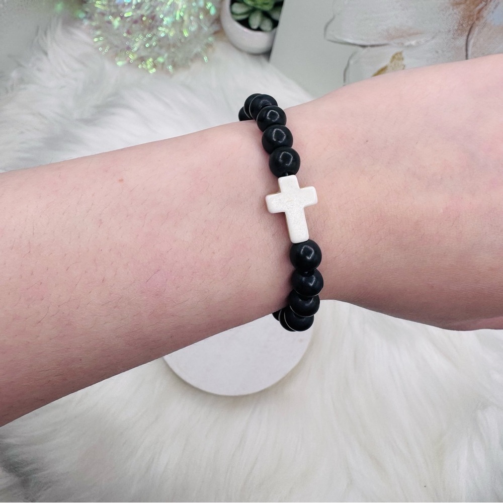 Black Beaded Cross Bracelet for girls , teens and or small wrist adults - Picture 5 of 7